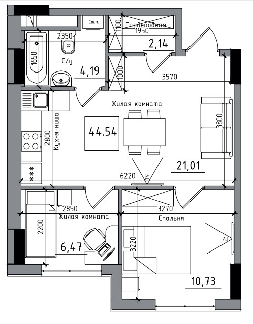 Планування 2-к квартира площею 44.54м2, AB-06-03/00003.