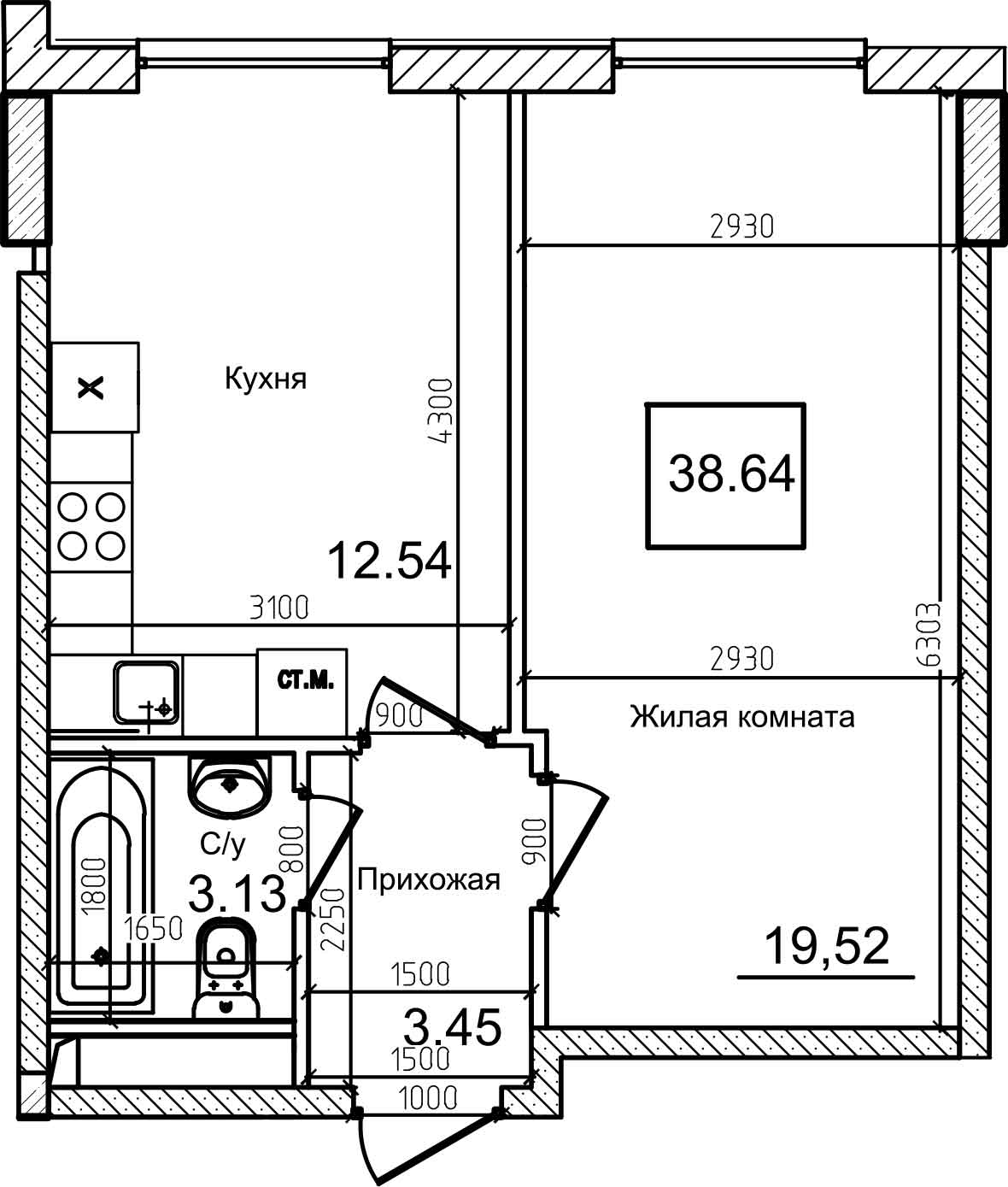 Планировка 1-к квартира площей 38м2, AB-08-10/00009.
