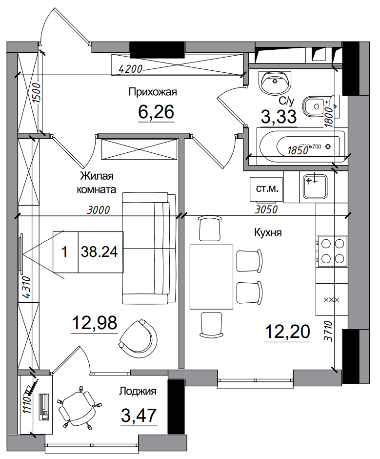Планування 1-к квартира площею 38.24м2, AB-14-06/00012.
