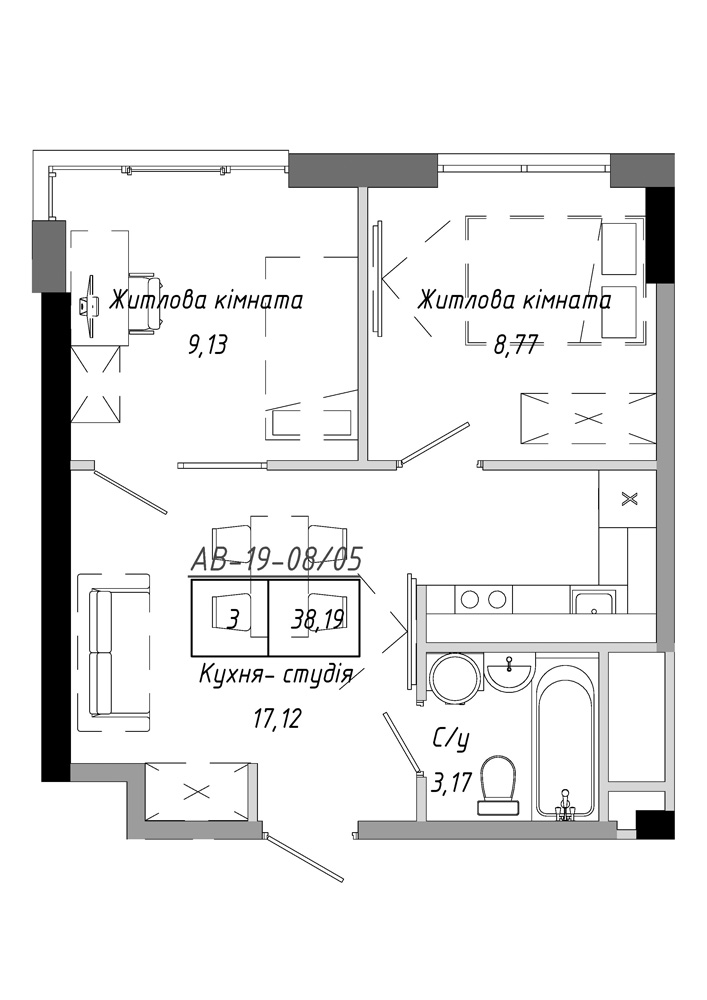 Планування 2-к квартира площею 38.19м2, AB-19-08/00005.