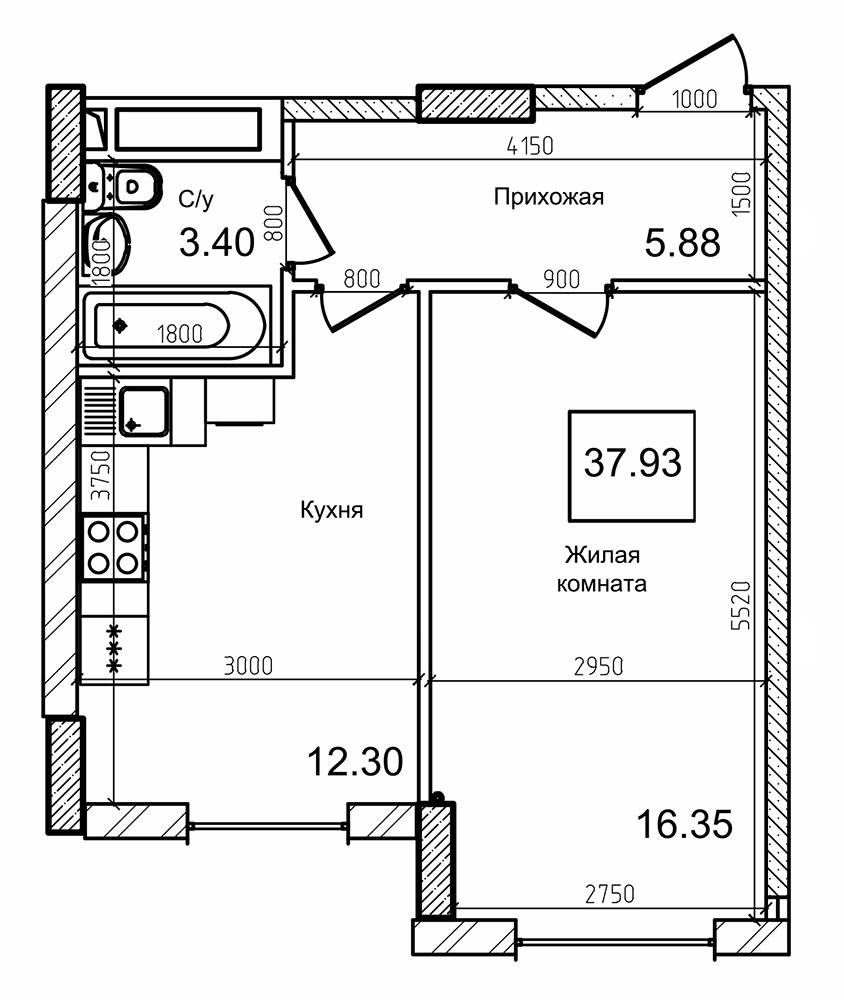 Планировка 1-к квартира площей 37.3м2, AB-09-12/0004а.
