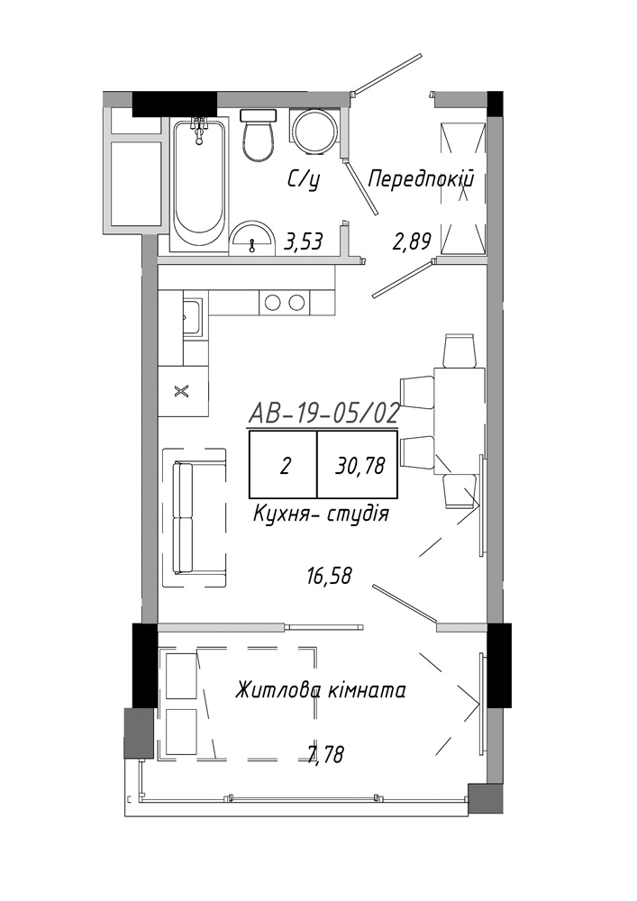 Планування 1-к квартира площею 30.78м2, AB-19-05/00002.
