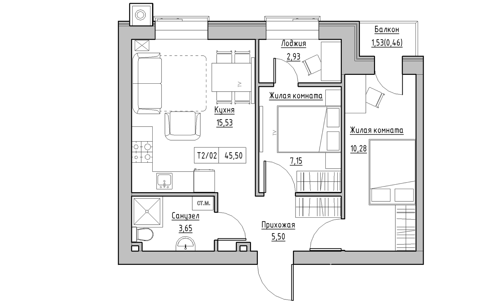 Планировка 2-к квартира площей 45.5м2, KS-014-04/0008.