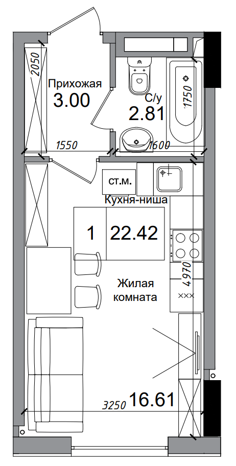 Планування Smart-квартира площею 22.42м2, AB-04-11/00003.
