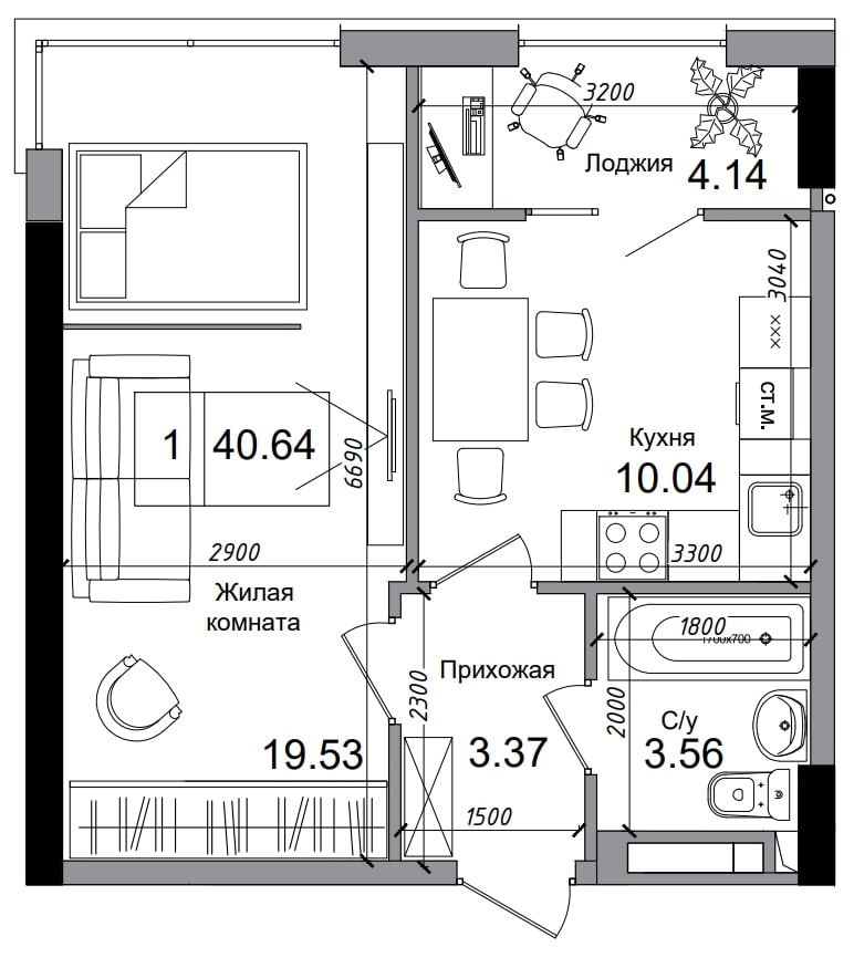Планировка 1-к квартира площей 40.64м2, AB-04-10/00006.