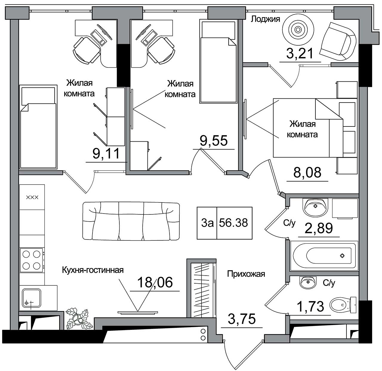 Планування 3-к квартира площею 56.38м2, AB-16-12/00008.