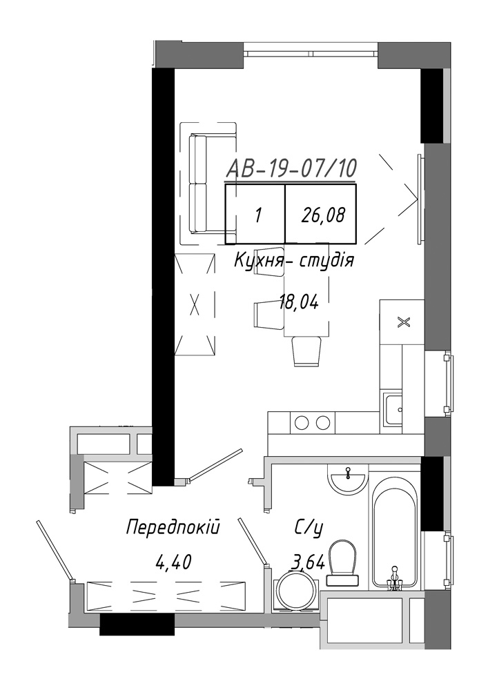 Planning Smart flats area 26.08m2, AB-19-07/00010.