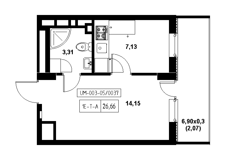 Планування 1-к квартира площею 26.66м2, 21c65ef7-1f56-11eb-ba9c-00155d42e31d.