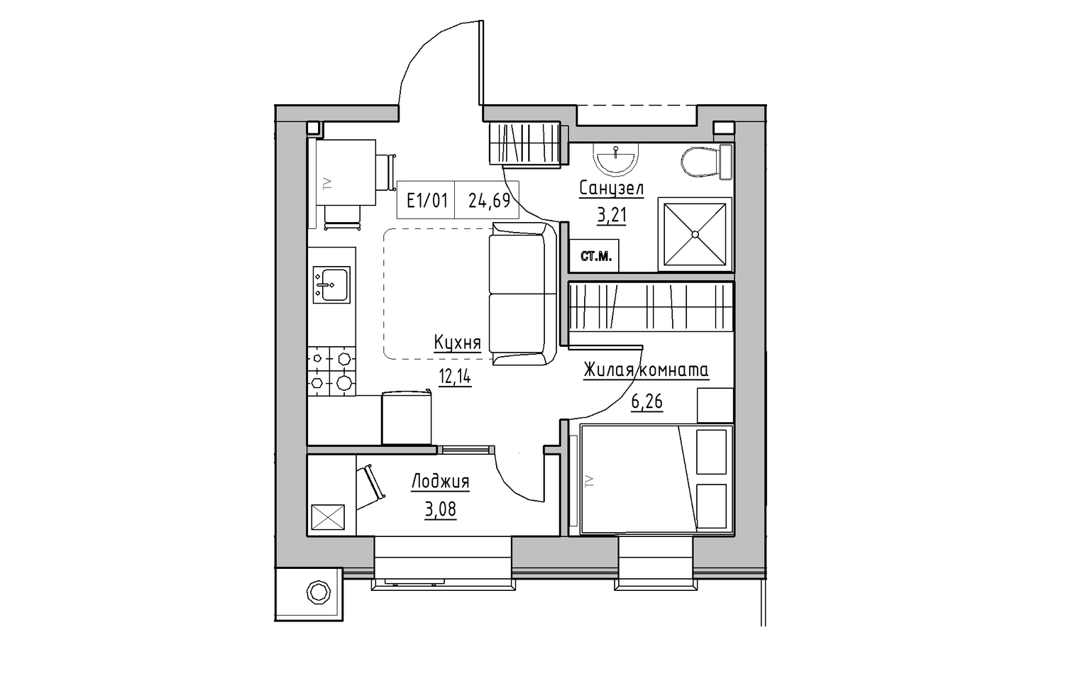 Планировка 1-к квартира площей 24.69м2, KS-013-02/0012.
