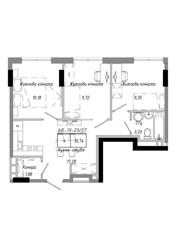 Планировка 3-к квартира площей 51.74м2, AB-19-01/00007.