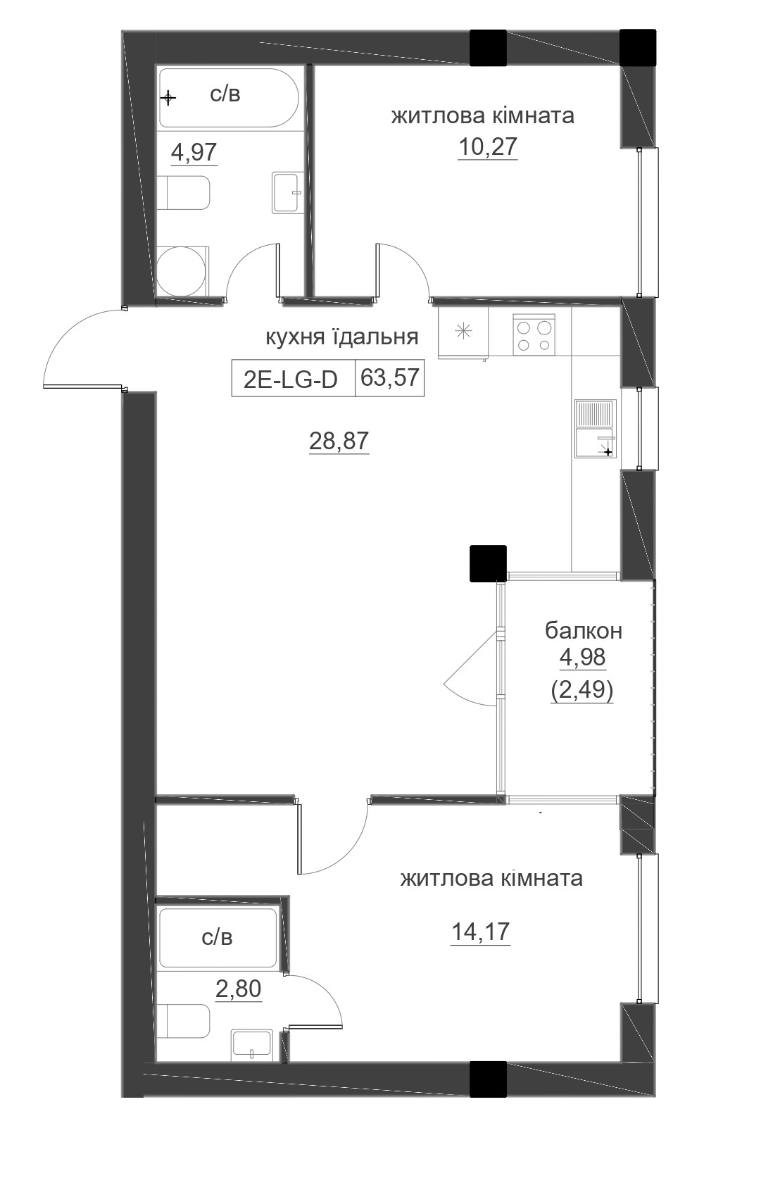 Планування 2-к квартира площею 63.57м2, LR-005-05/0006.
