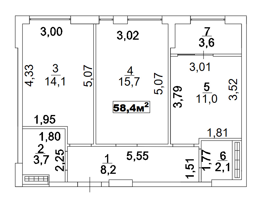 Планировка 2-к квартира площей 58.4м2, AB-02-10/00006.