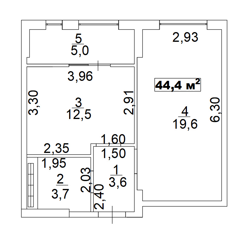 Планировка 1-к квартира площей 44.4м2, AB-02-09/00008.