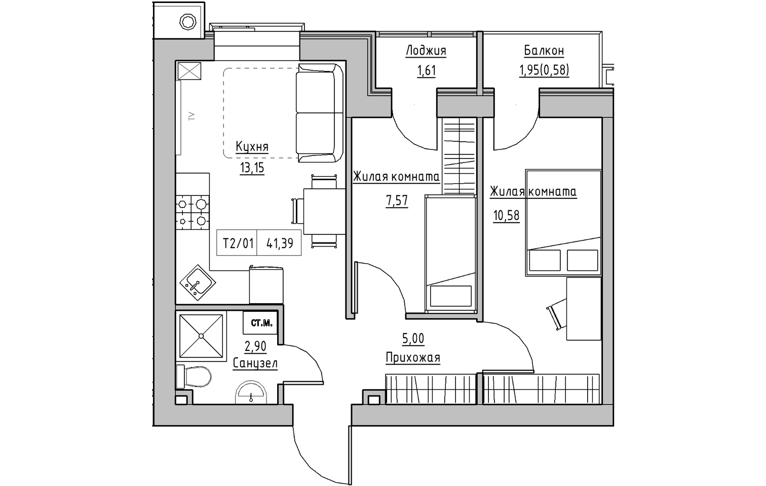 Планування 2-к квартира площею 41.39м2, KS-013-03/0009.