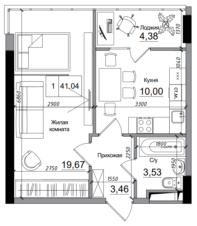 Планировка 1-к квартира площей 41.04м2, AB-14-03/00006.