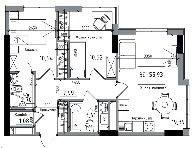Планування 2-к квартира площею 55.93м2, AB-06-06/00010.
