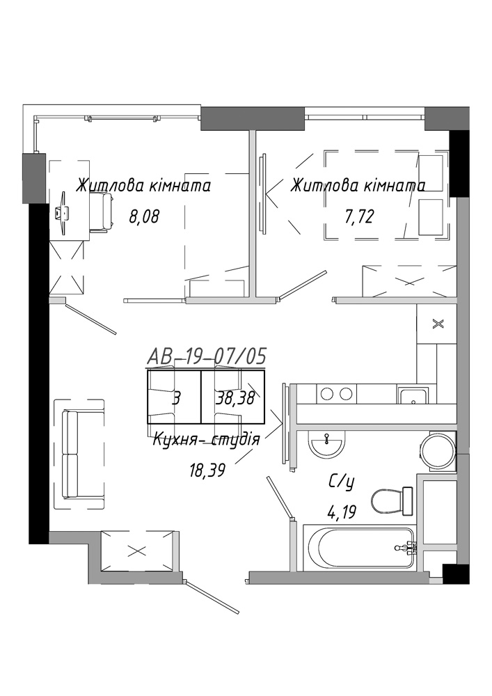 Планировка 2-к квартира площей 38.38м2, AB-19-07/00005.