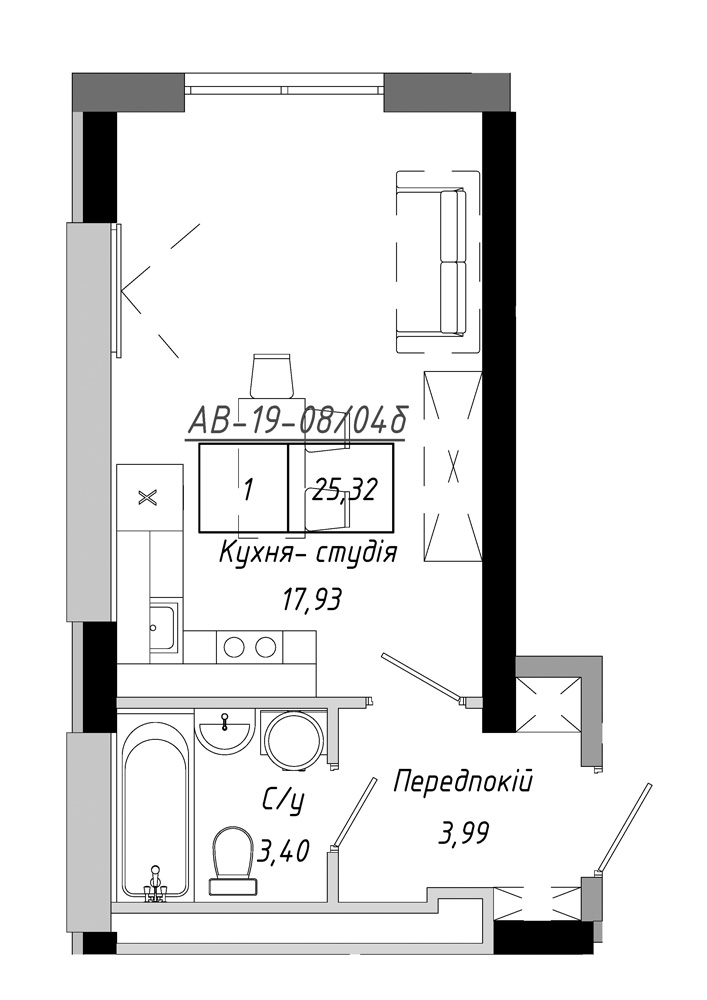 Планування Smart-квартира площею 25.32м2, AB-19-08/0004б.