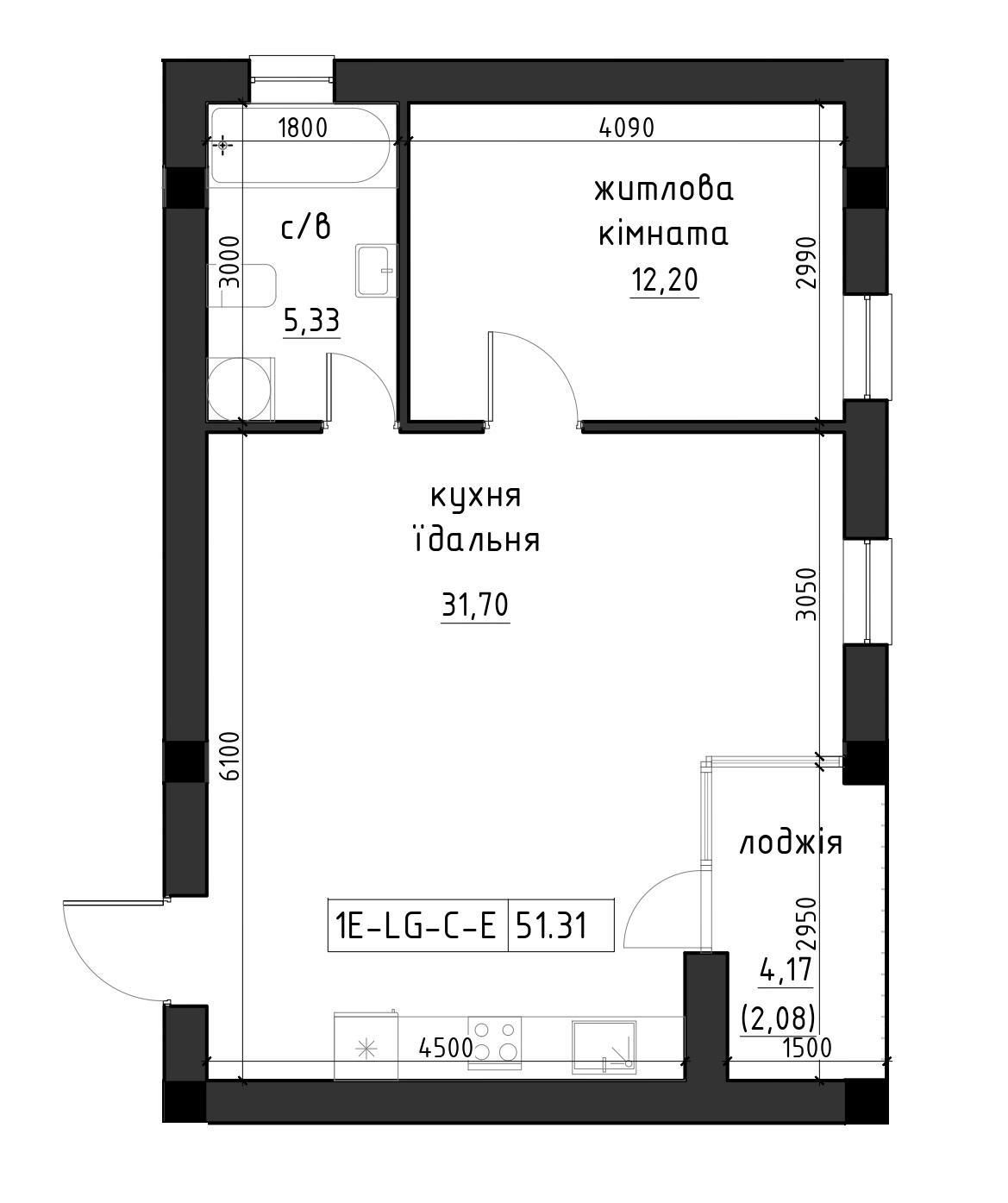 Планировка 1-к квартира площей 51.32м2, LR-002-04/0005.