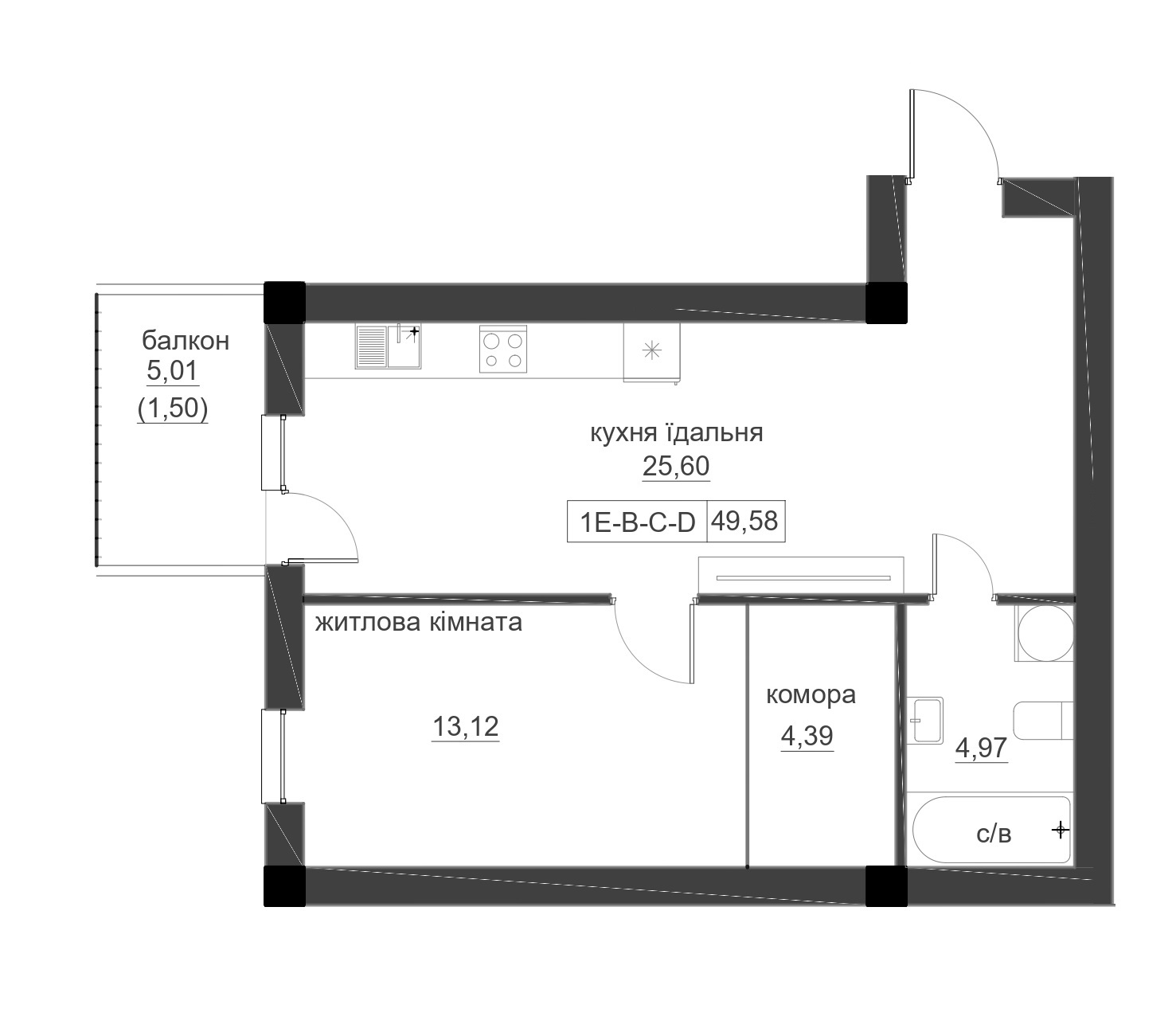 Планировка 1-к квартира площей 49.58м2, LR-005-07/0005.