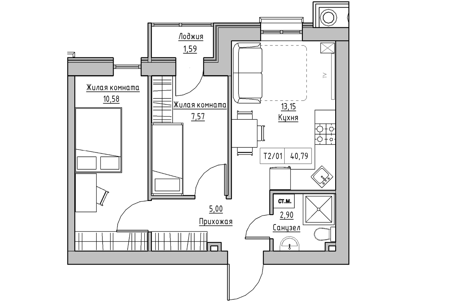Планування 2-к квартира площею 40.79м2, KS-010-01/0005.