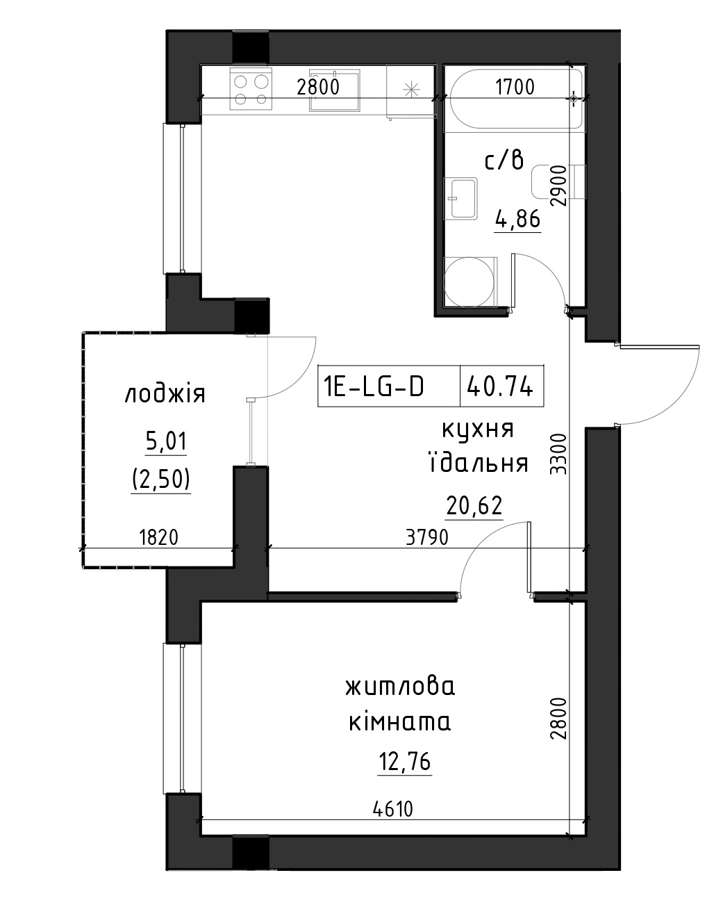 Planning 1-rm flats area 40.75m2, LR-002-03/0007.