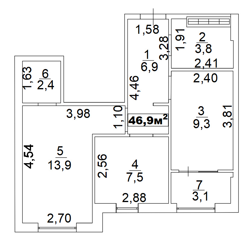 Планировка 2-к квартира площей 46.9м2, AB-02-02/00014.