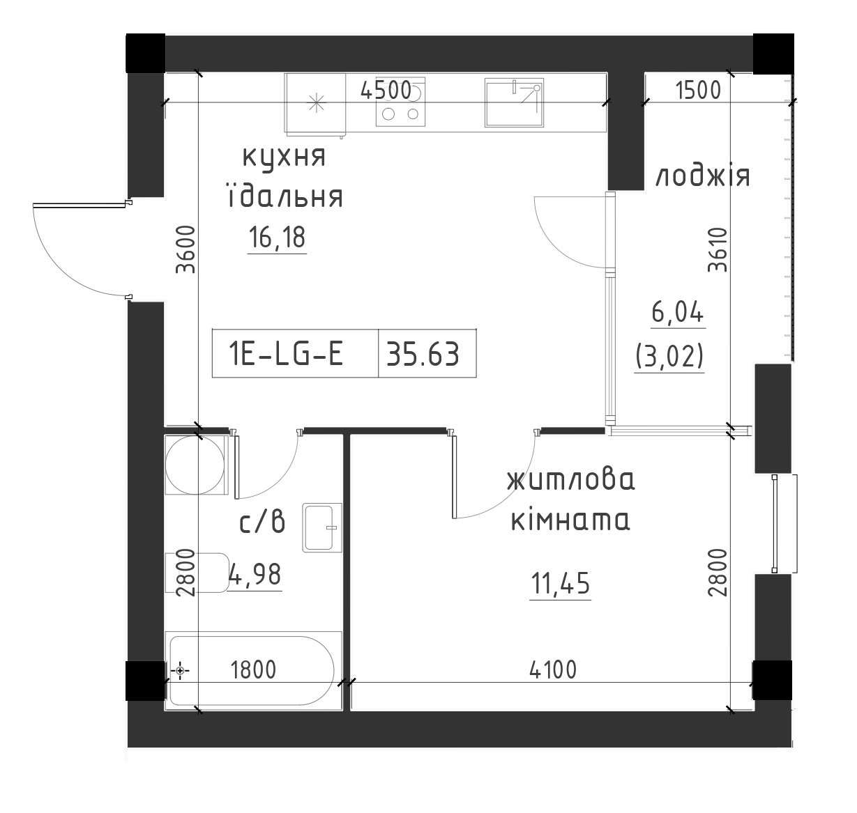 Planning 1-rm flats area 44.61m2, LR-002-07/0004.