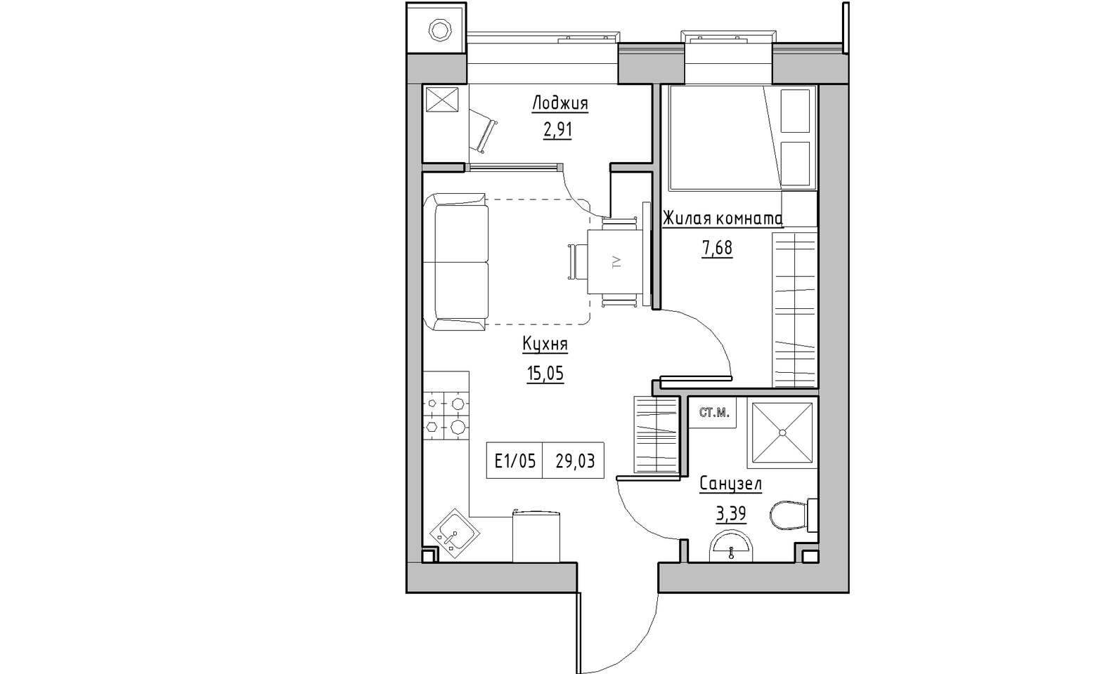 Планування 1-к квартира площею 29.03м2, KS-014-01/0007.