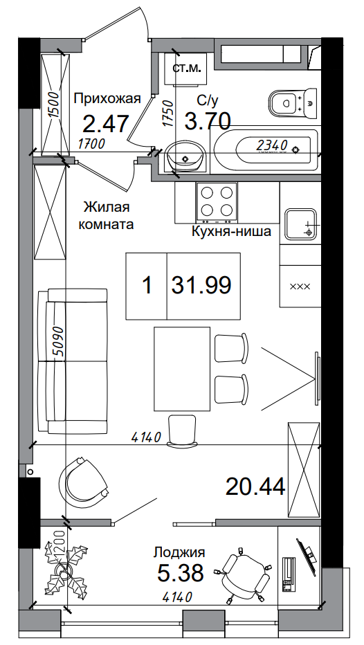 Планування Smart-квартира площею 31.99м2, AB-04-06/00001.