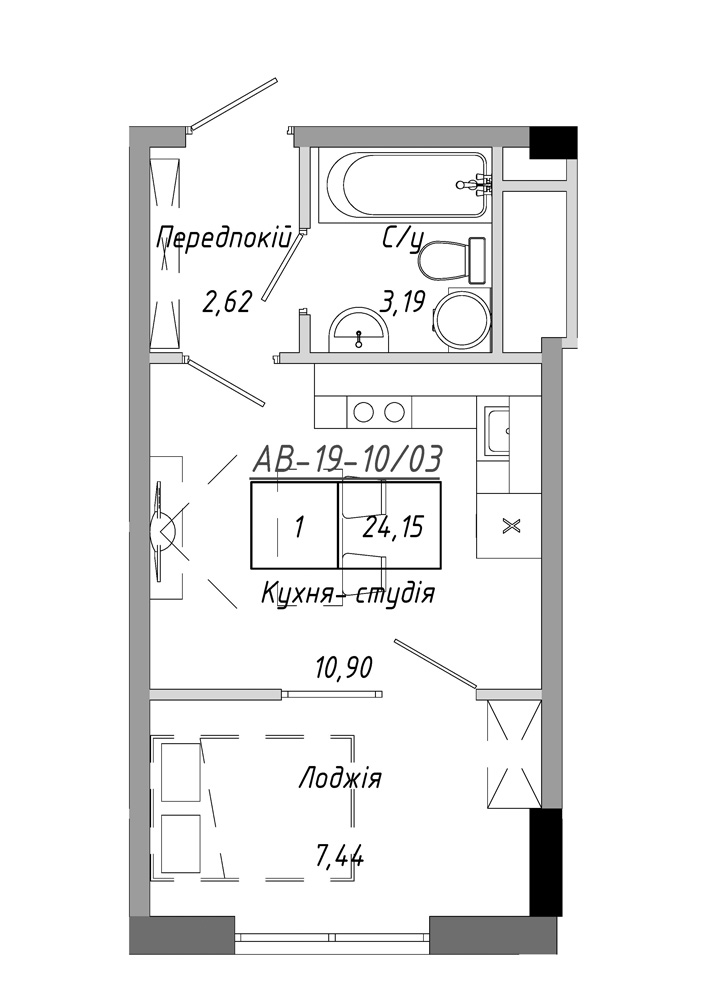 Планування 1-к квартира площею 24.15м2, AB-19-10/00003.