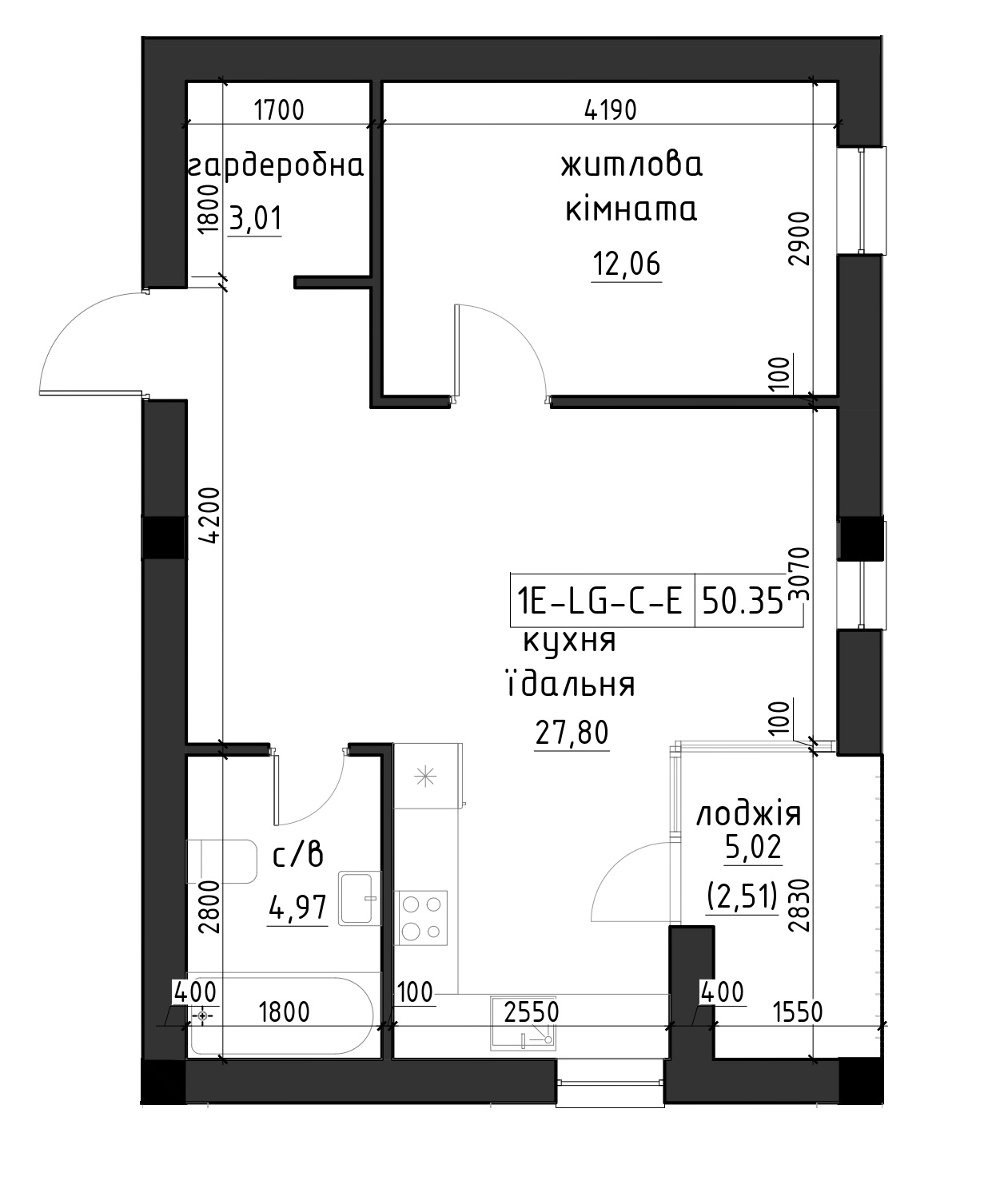 Планування 1-к квартира площею 42.29м2, LR-002-02/0002.