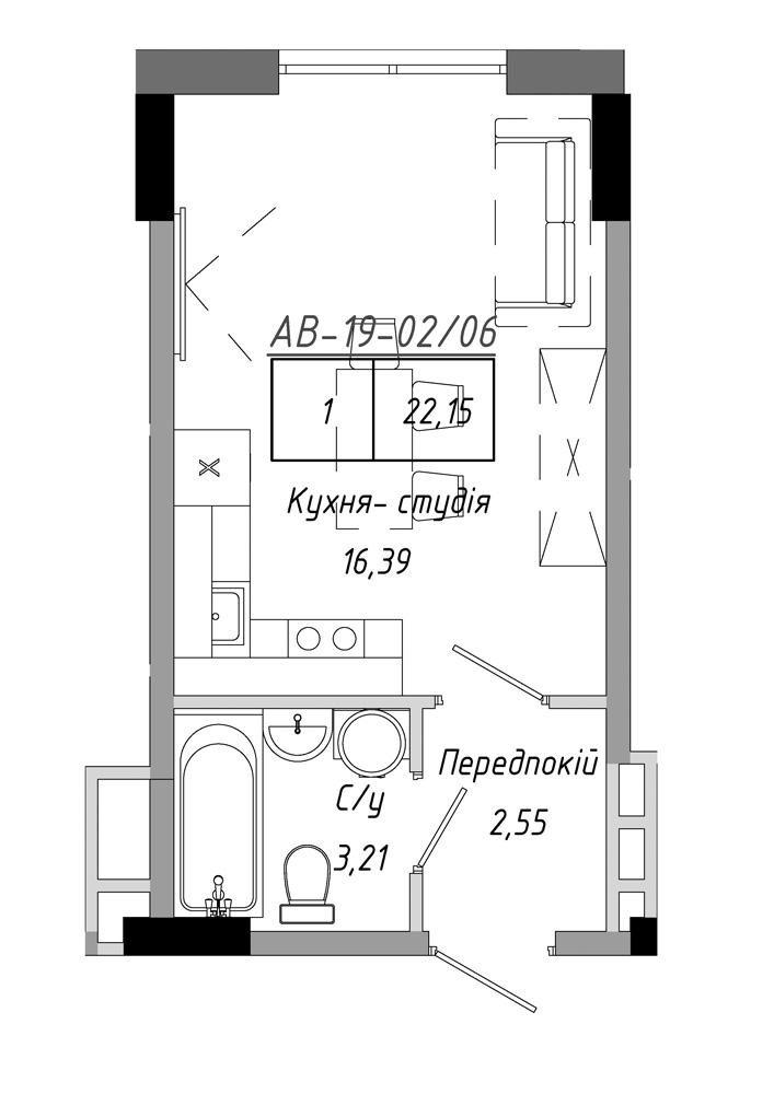 Планування Smart-квартира площею 22.15м2, AB-19-02/00006.