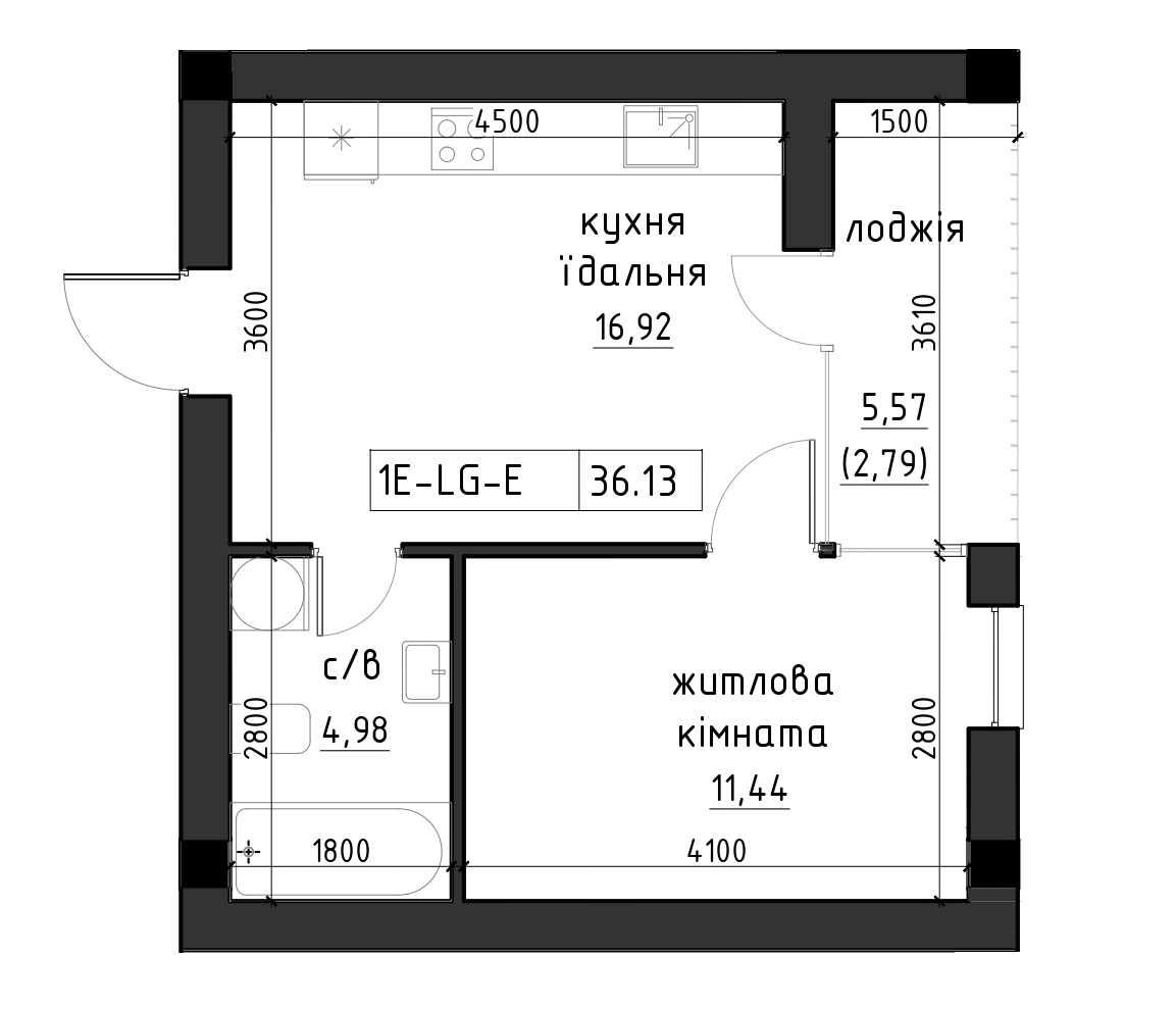 Planning 1-rm flats area 36.13m2, LR-002-03/0004.