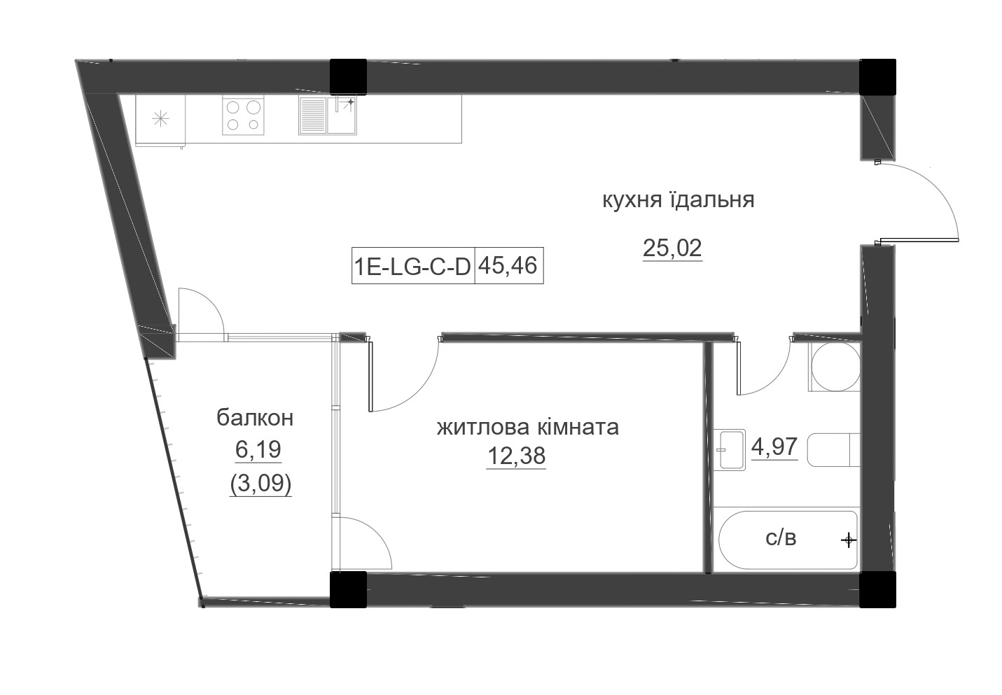 Planning 1-rm flats area 45.47m2, LR-005-02/0002.