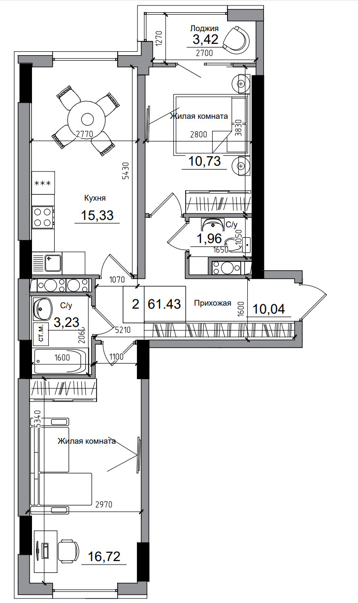 Планировка 3-к квартира площей 63.4м2, AB-05-10/00003.