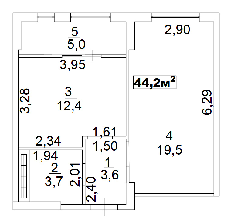 Планировка 1-к квартира площей 44.2м2, AB-02-04/00008.
