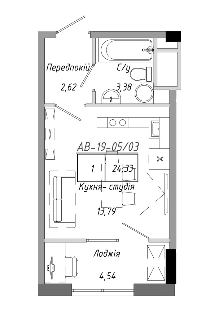 Планування Smart-квартира площею 24.33м2, AB-19-05/00003.
