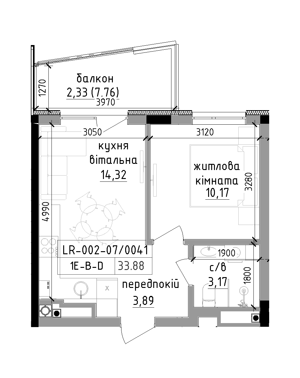 Планировка 1-к квартира площей 33.88м2, LR-002-07/0041.