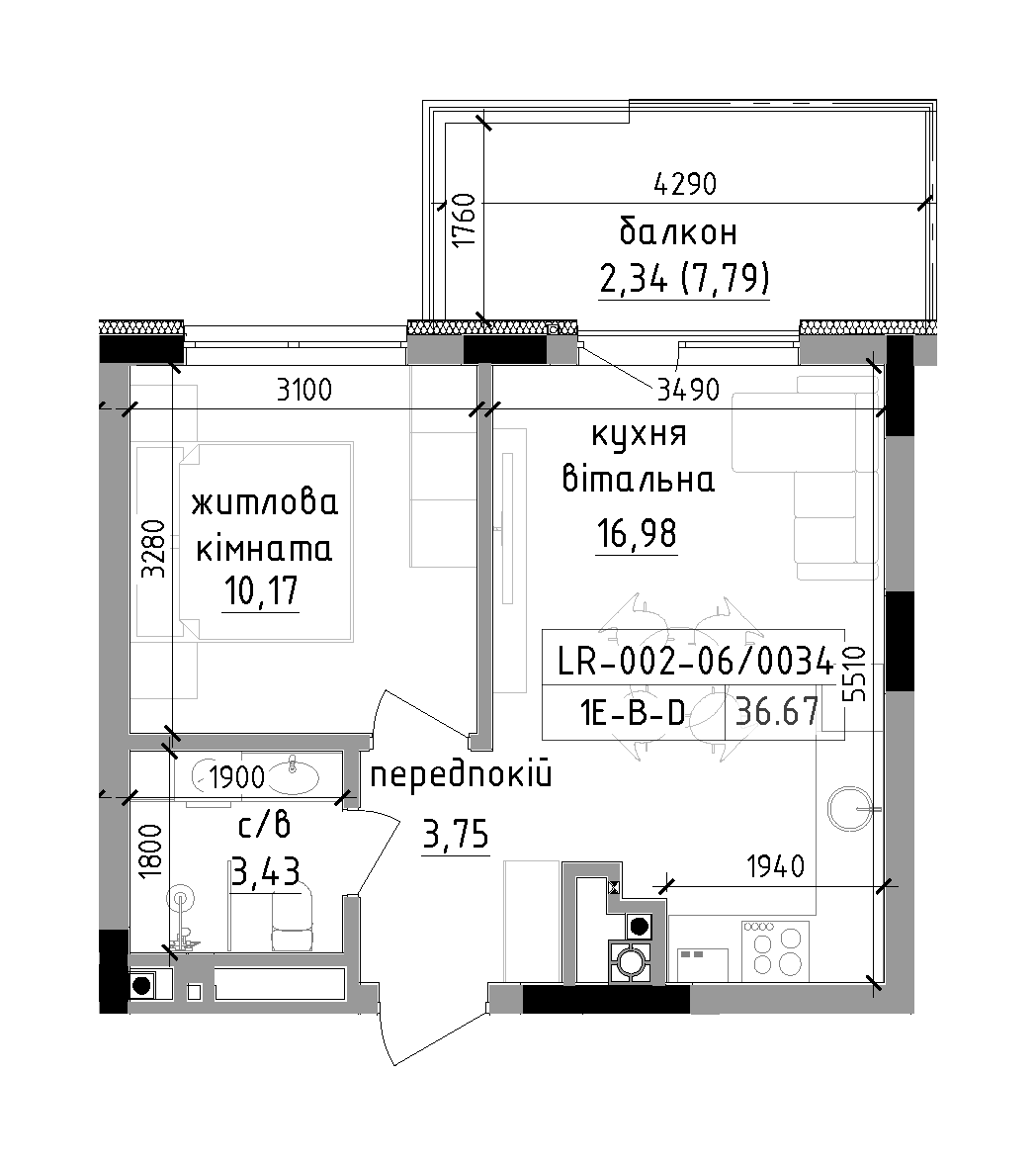 Планировка 1-к квартира площей 36.67м2, LR-002-06/0034.