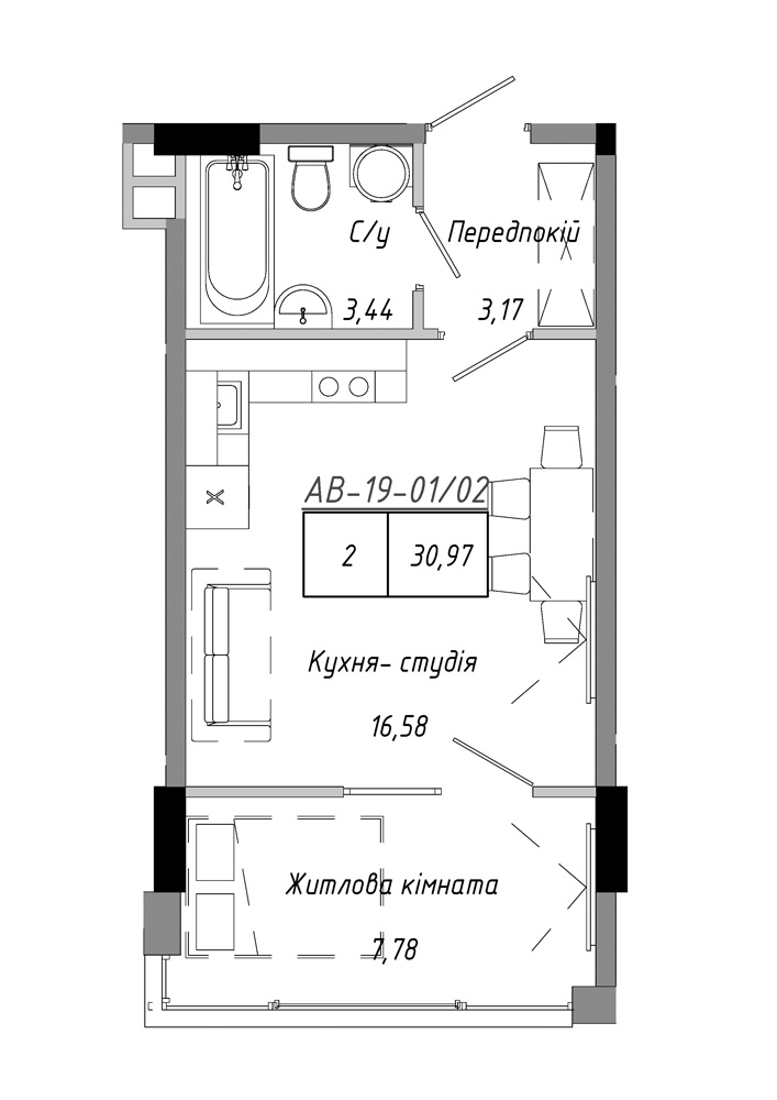 Планування 1-к квартира площею 30.97м2, AB-19-01/00002.