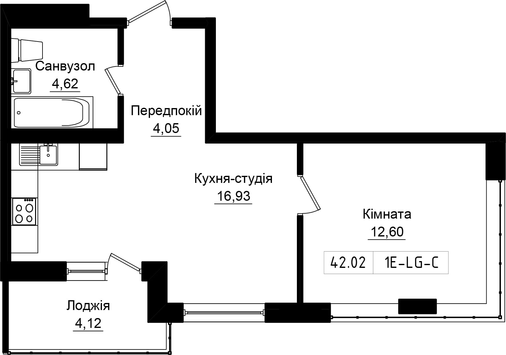 Planning 1-rm flats area 40.26m2, UR-001-08/0005.