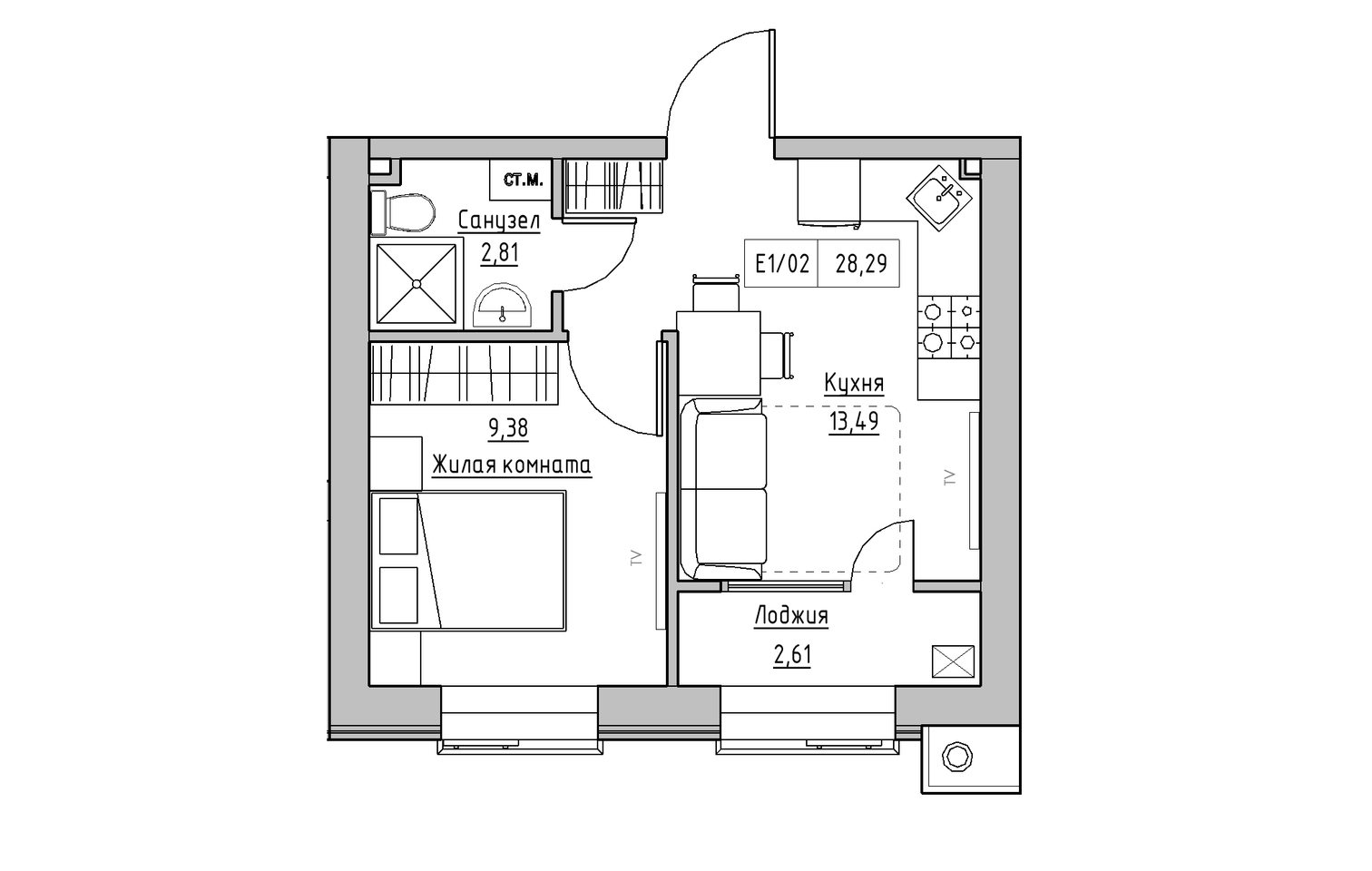 Планировка 1-к квартира площей 28.29м2, KS-013-02/0013.