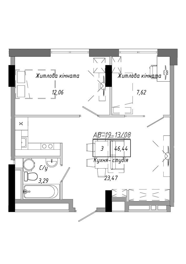 Планировка 2-к квартира площей 46.44м2, AB-19-13/00108.