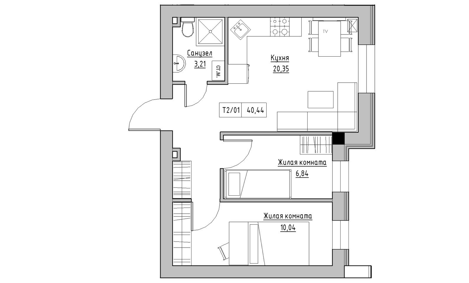 Планування 2-к квартира площею 40.44м2, KS-014-01/0010.