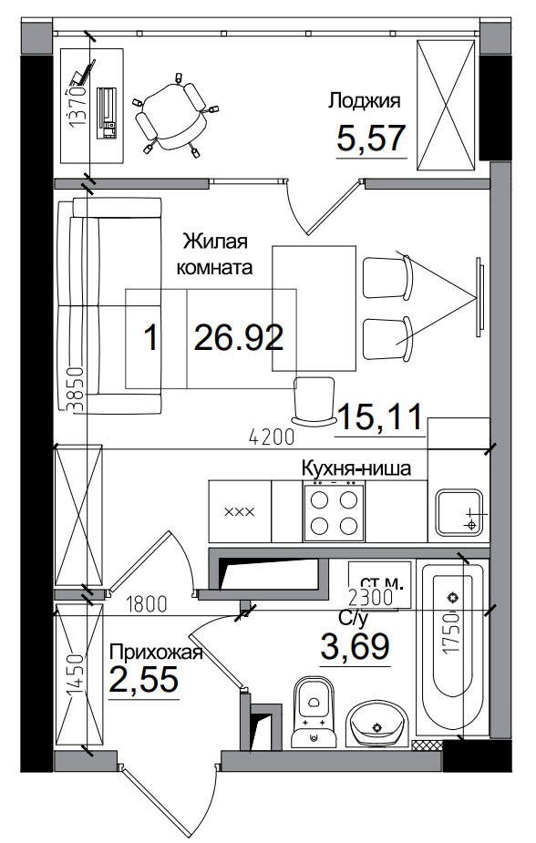 Планування Smart-квартира площею 26.92м2, AB-15-12/00006.