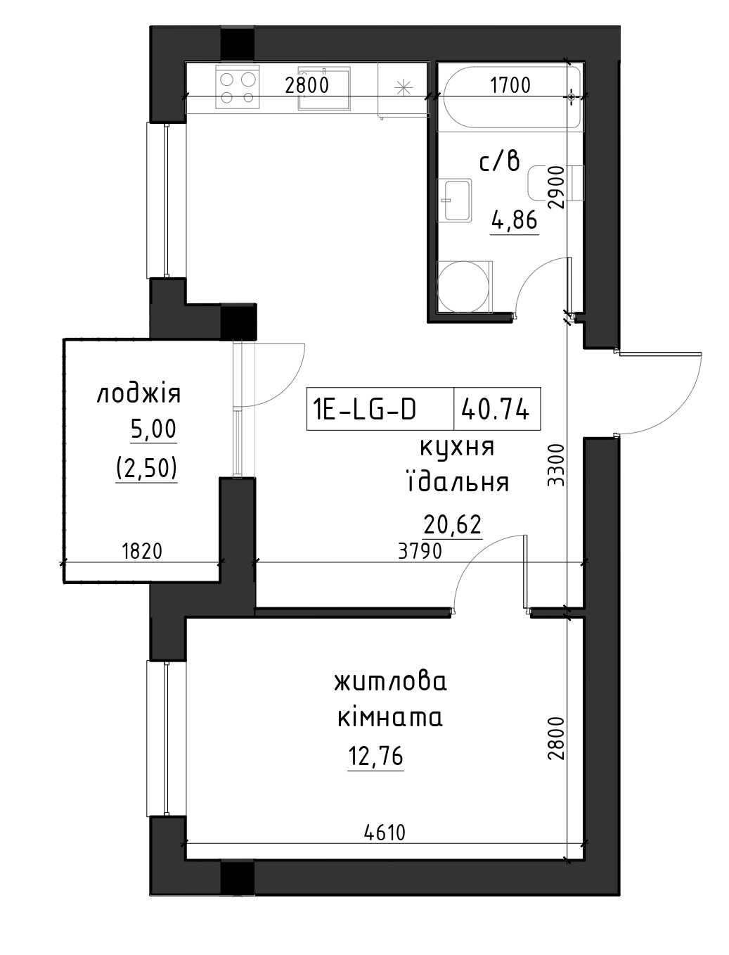 Planning 1-rm flats area 40.74m2, LR-002-05/0007.