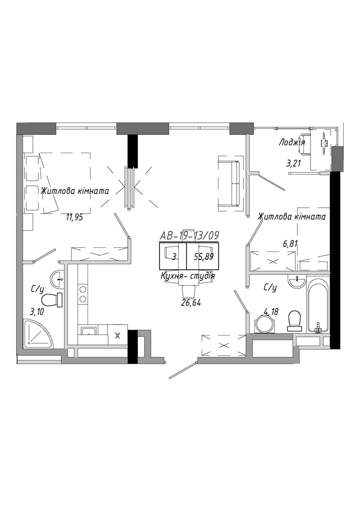 Планування 2-к квартира площею 55.89м2, AB-19-13/00109.