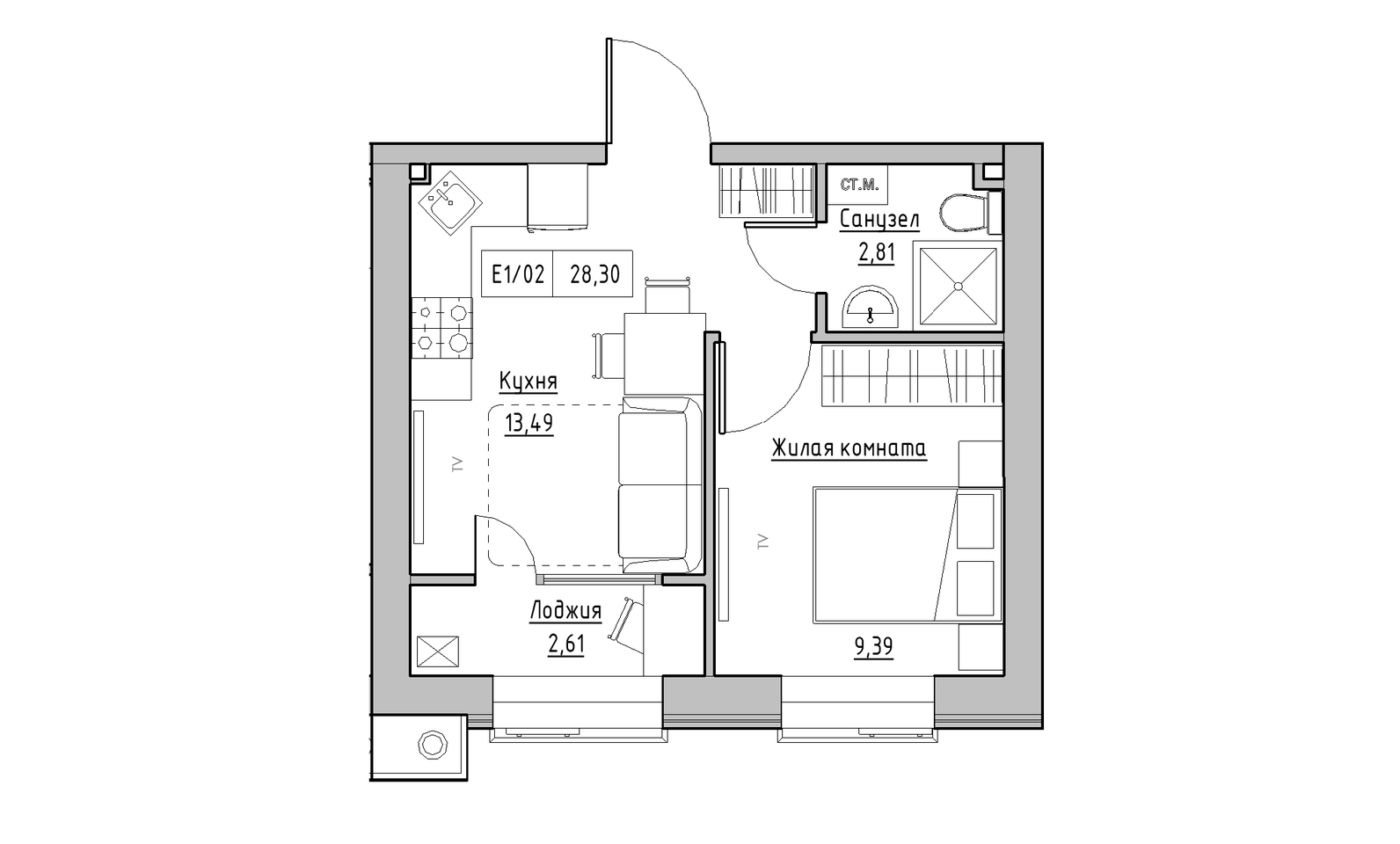 Planning 1-rm flats area 28.3m2, KS-014-02/0001.