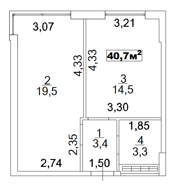 Planning 1-rm flats area 40.4m2, AB-02-04/00005.